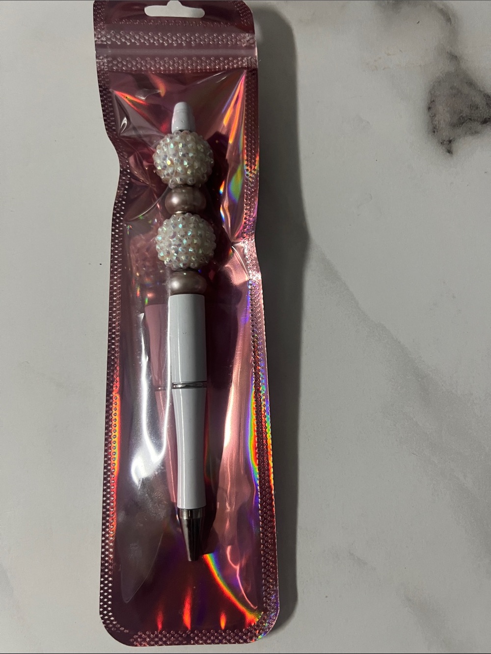 White Beaded Cosmetic Pen with Iridescent Crystal Spheres